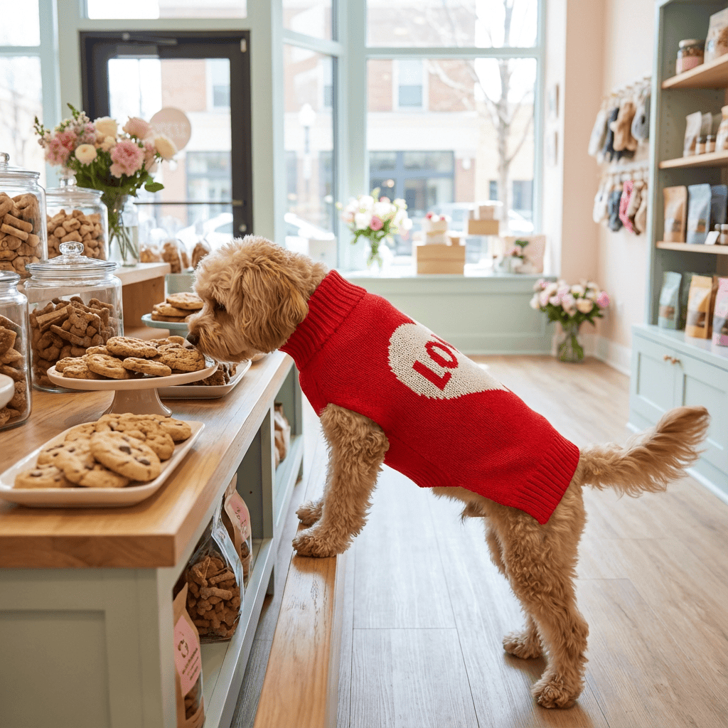 HeartBow Dog Sweater on a dog enjoying treats at a pet bakery, featuring a heart pattern and stylish design.