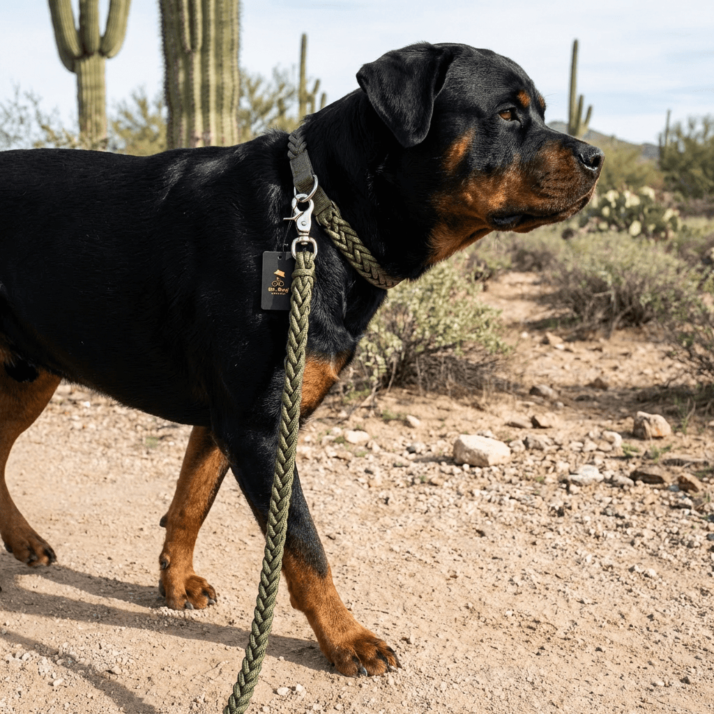 Heavy Duty Metal Clasp Braided Dog Leash on a Rottweiler enjoying a walk in the outdoors.