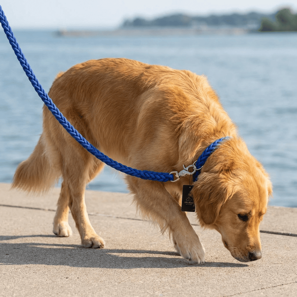 Golden retriever walking with Heavy Duty Metal Clasp Braided Dog Leash by Dogs & Cats near water.