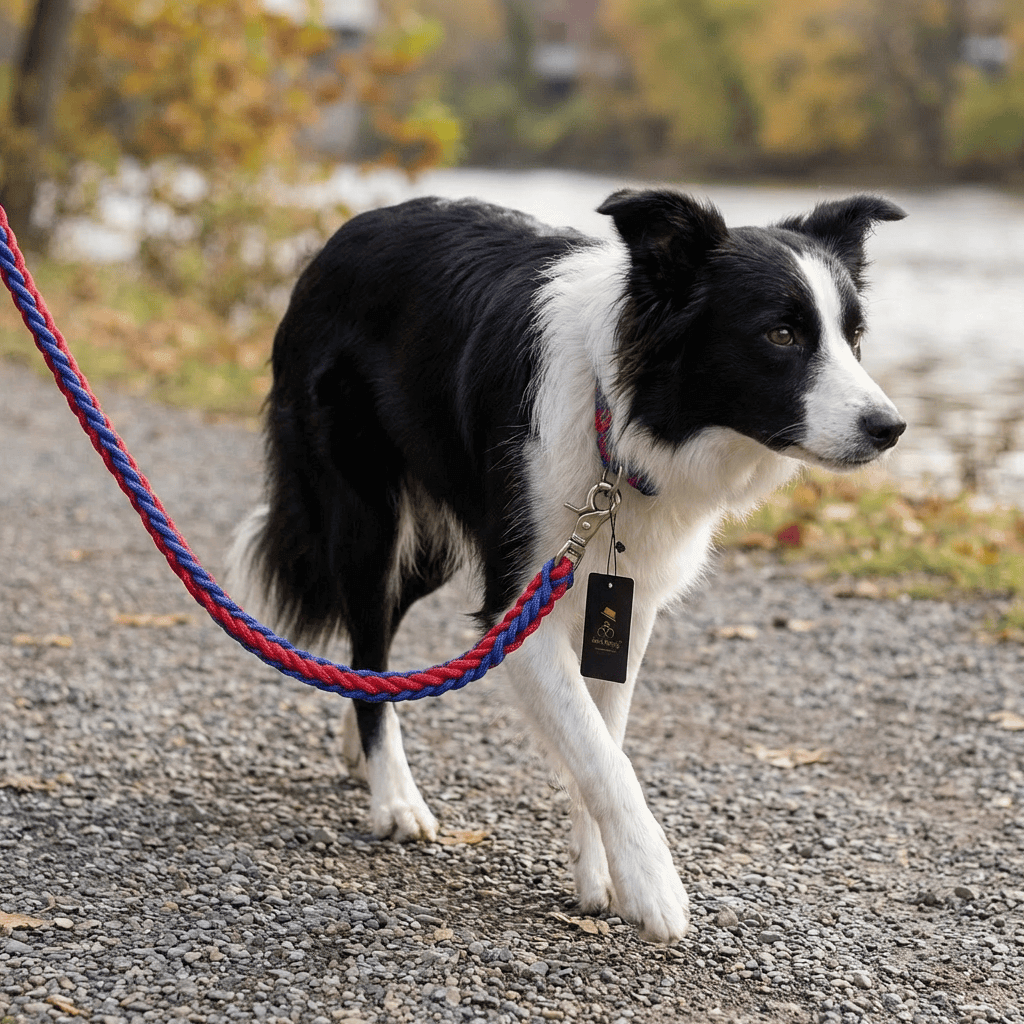 Heavy Duty Metal Clasp Braided Dog Leash with a black and white dog walking by a river.