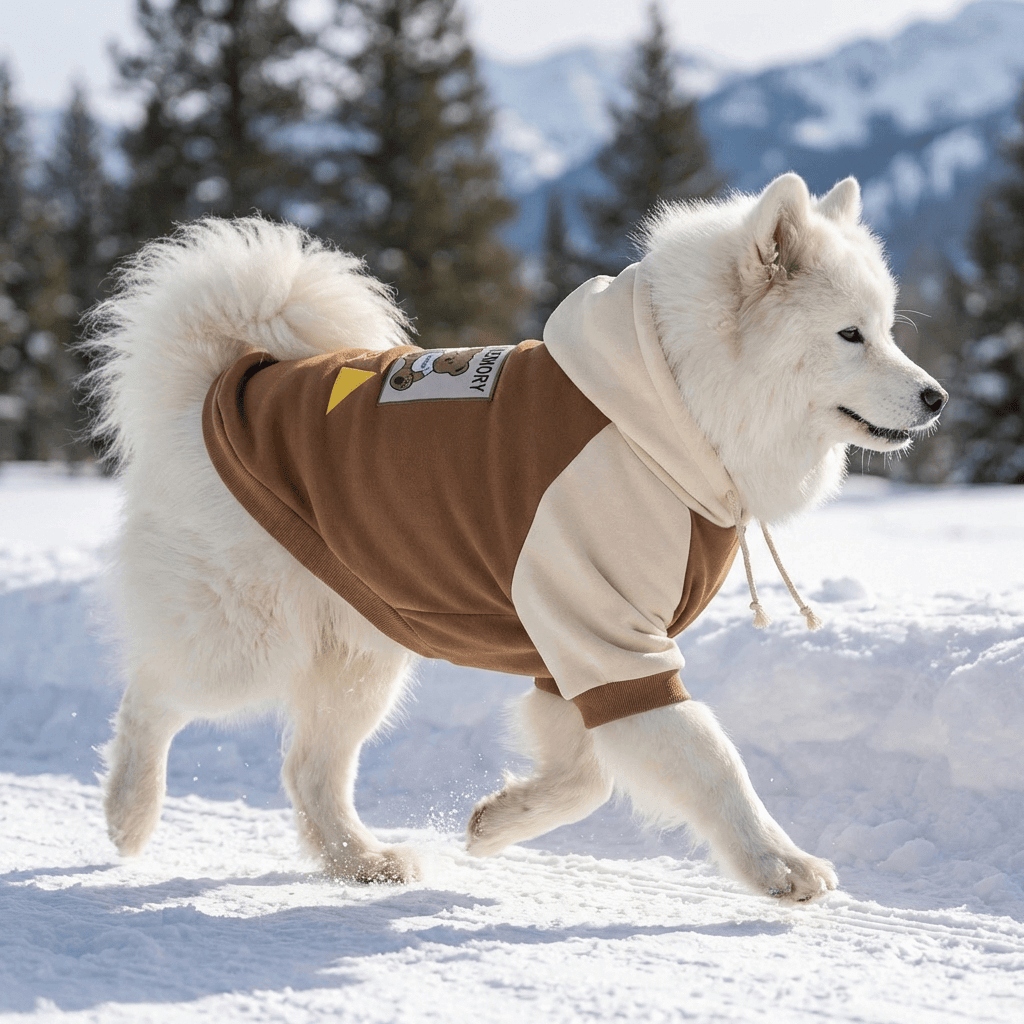 Heritage Block Dog Hoodie on a fluffy white dog, showcasing warmth, comfort, and everyday style for Dogs & Cats.