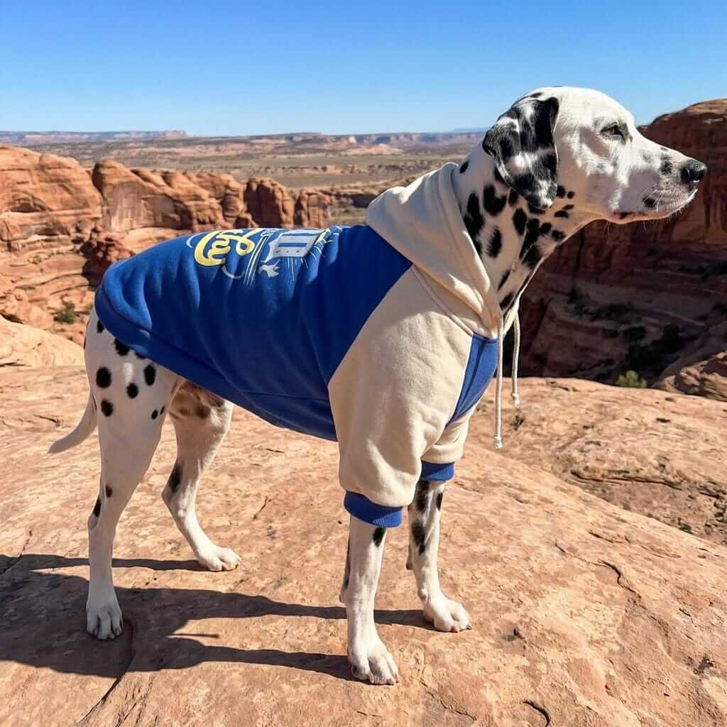 Heritage Block Dog Hoodie on a dalmatian dog in a scenic outdoor setting, offering warmth and style for dogs and cats.