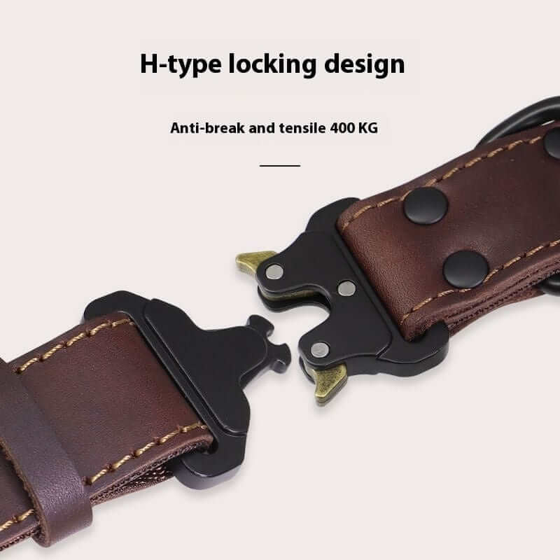 Heritage Leather Dog Collar featuring H-type locking design, anti-break, and tensile strength of 400 KG for secure handling.