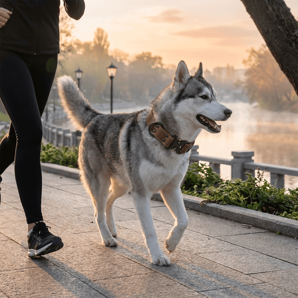 Heritage Leather Dog Collar on a Siberian Husky during a walk, showcasing style and comfort by Dogs & Cats.