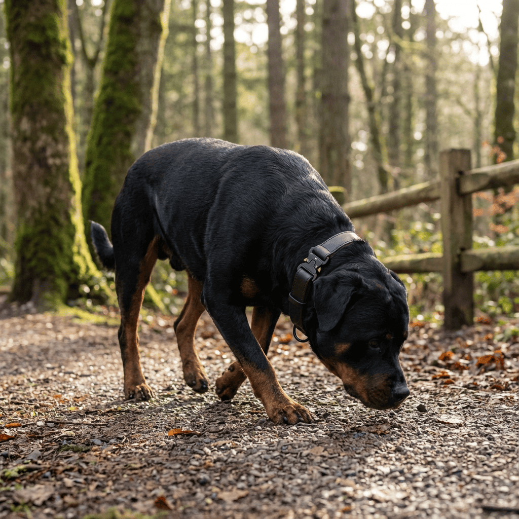 Heritage Leather Dog Collar on a Rottweiler exploring a forest trail, showcasing strength and style.