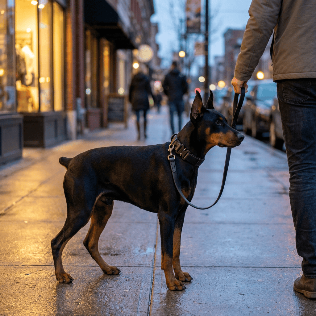 Heritage Leather Dog Collar on a Doberman walking in the city, showcasing style and comfort.