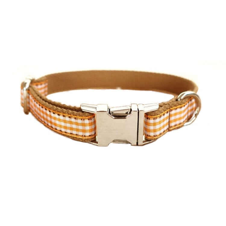 Heritage Plaid Dog Collar, stylish collar with a refined brown check pattern, durable, comfortable for dogs and cats.