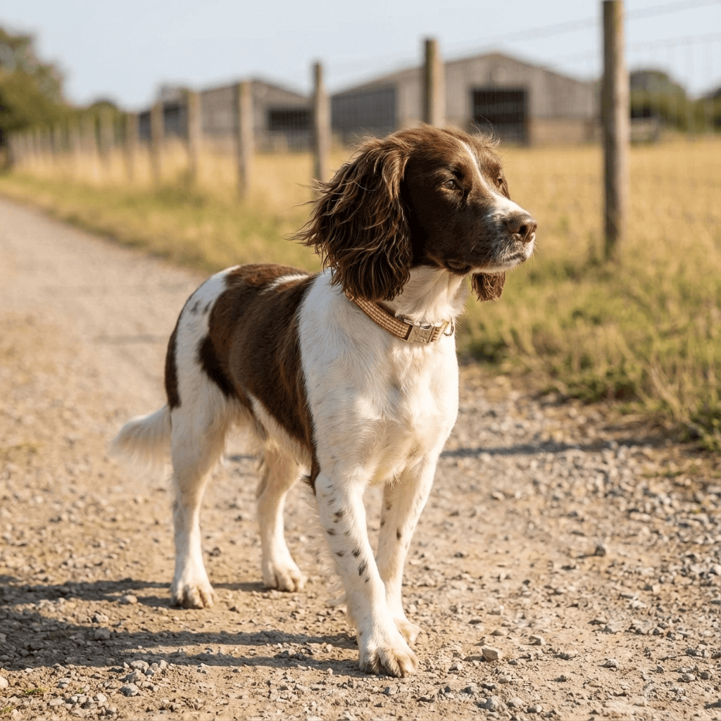 Heritage Plaid Dog Collar on a walking dog, featuring a refined brown check pattern, designed for dogs and cats.