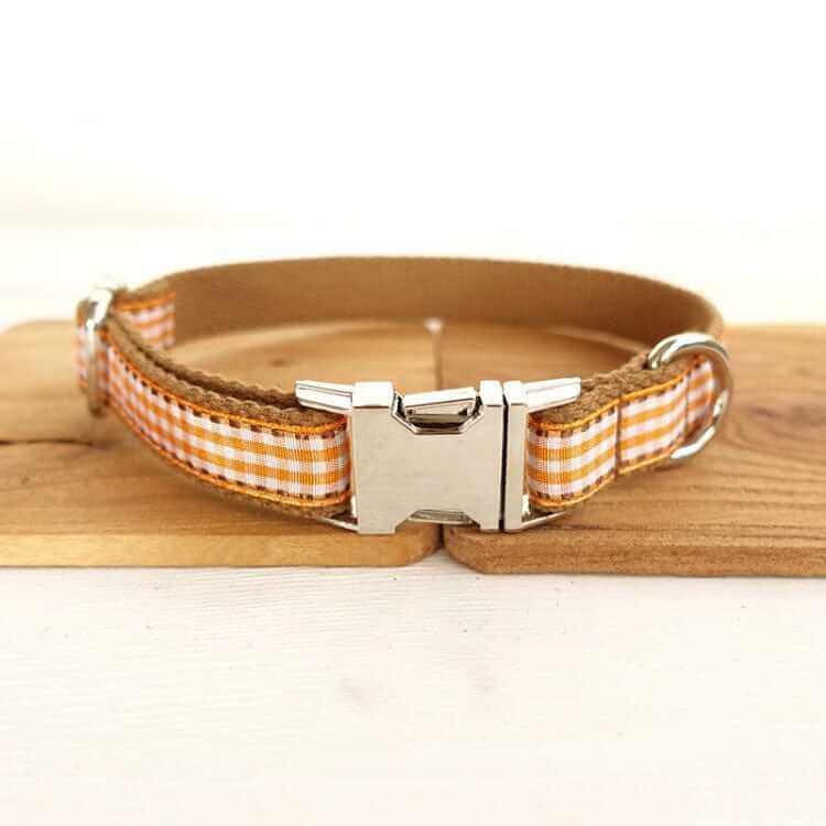 Heritage Plaid Dog Collar features classic British style, refined brown check, and is designed for dogs and cats.