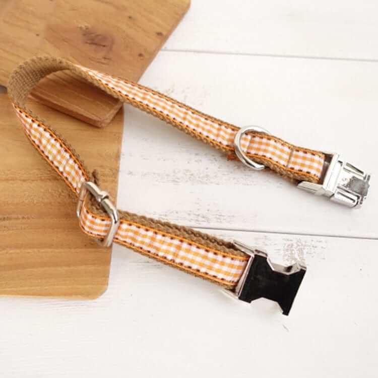 Heritage Plaid Dog Collar, dog collar with brown check pattern, soft fabric, durable and stylish for dogs and cats.