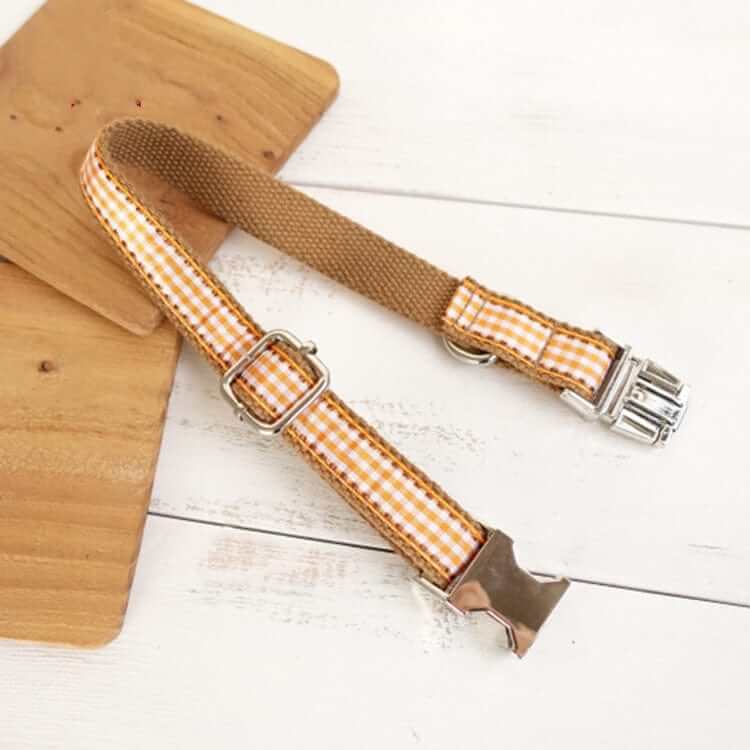 Heritage Plaid Dog Collar with brown check pattern for dogs and cats, crafted for comfort and durability.