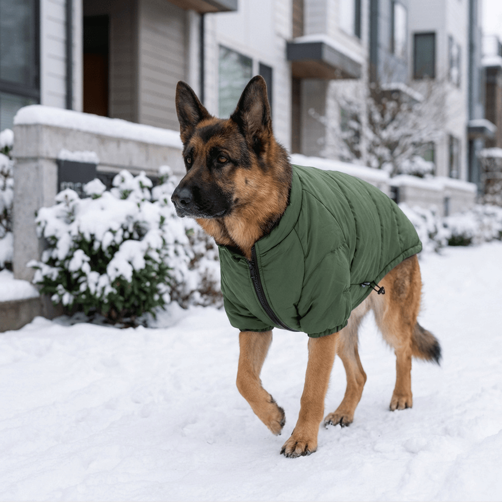 Heritage Quilted Winter Dog Jacket on a German Shepherd, providing superior cold protection and stylish comfort.