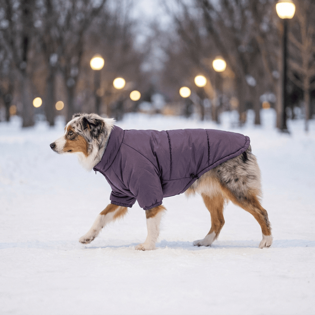 Heritage Quilted Winter Dog Jacket on a dog, featuring superior cold protection and stylish design for dogs and cats.