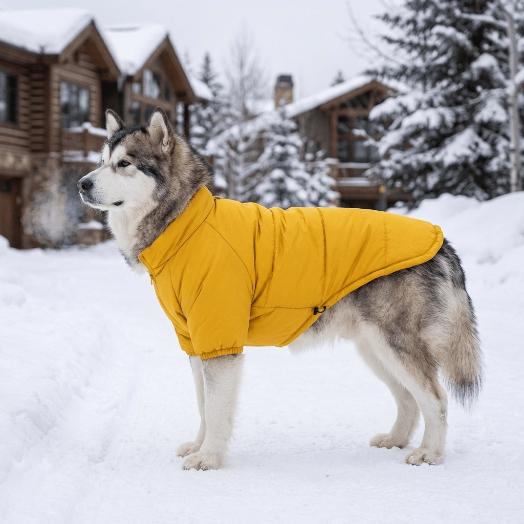 Heritage Quilted Winter Dog Jacket on a husky in snowy landscape, featuring insulated protection and stylish outdoor design.