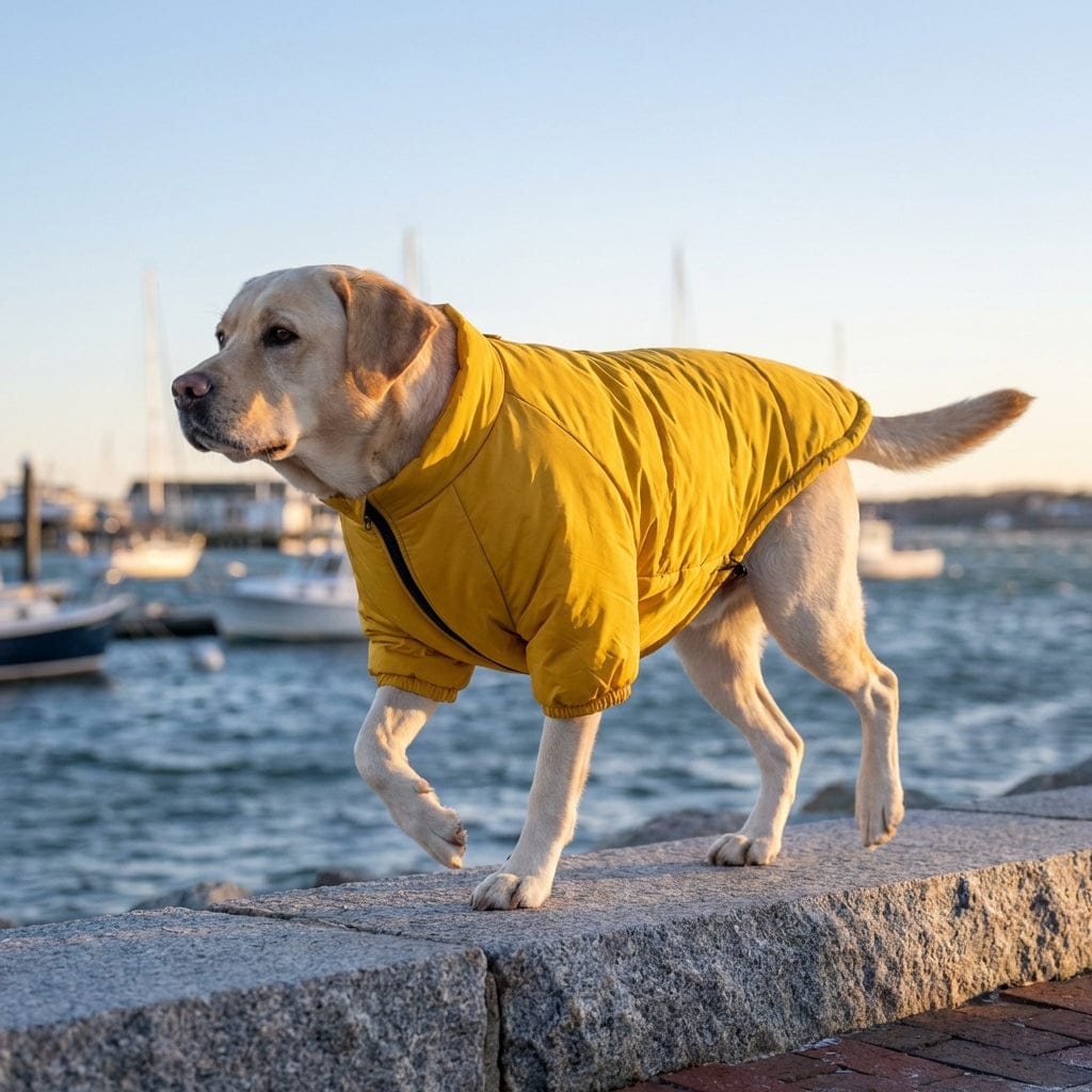 Heritage Quilted Winter Dog Jacket on a yellow lab, showcasing cold protection and classic style for Dogs & Cats.