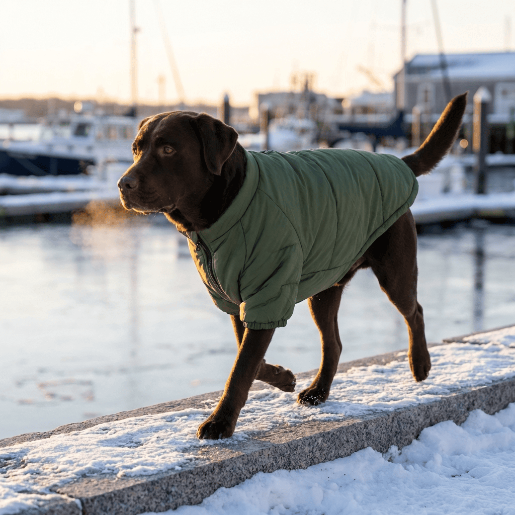 Heritage Quilted Winter Dog Jacket on a brown dog walking on snow by the marina, showcasing its cold protection features.