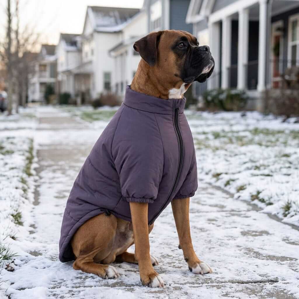 Heritage Quilted Winter Dog Jacket on a Boxer dog, offering cold protection and outdoor style, by Dogs & Cats.