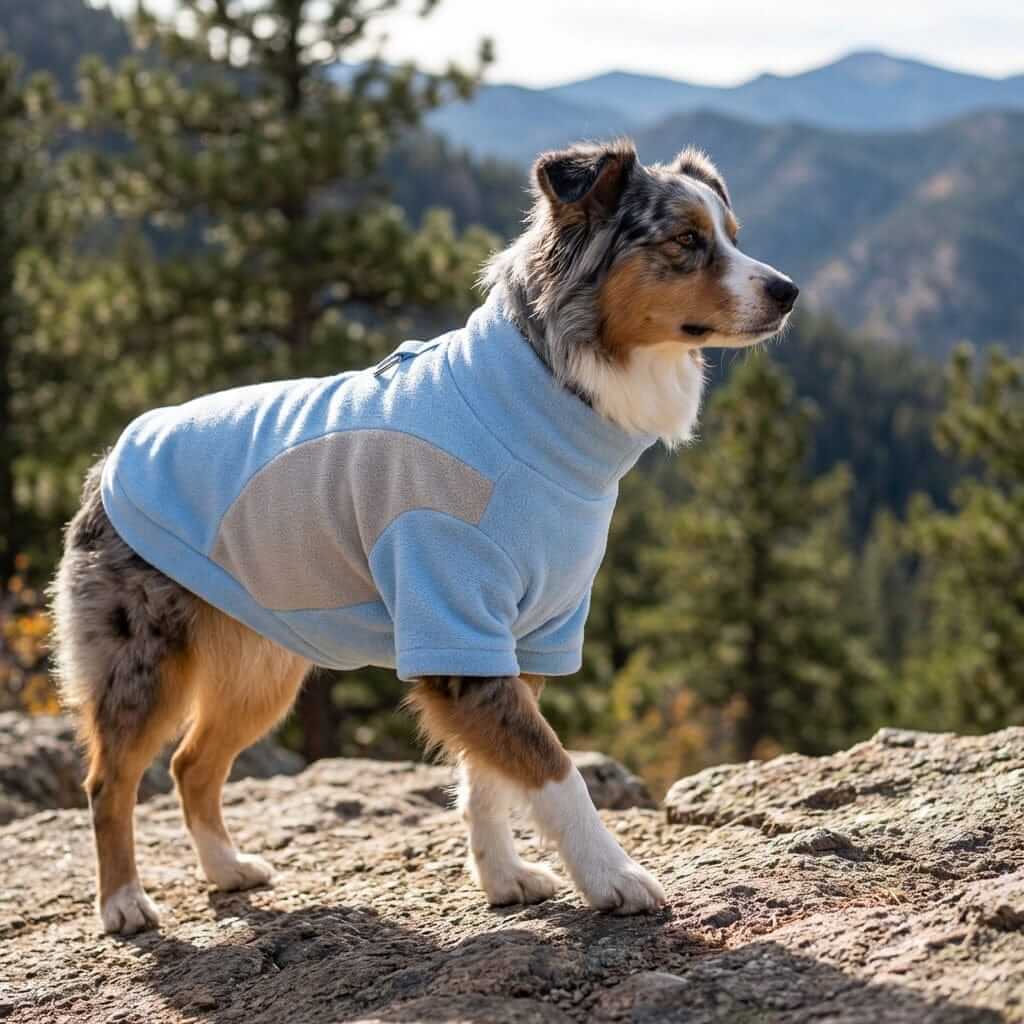 Heritage Thermal Dog Sweatshirt on a dog outdoors, featuring soft fleece and preventive warmth for dogs & cats.