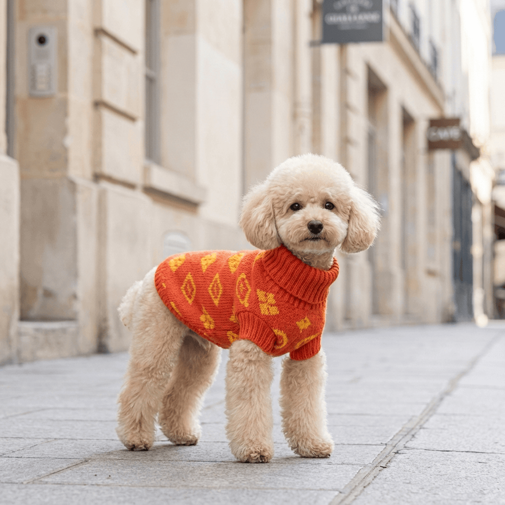 High-Neck Dog Sweater on a poodle, cozy warm design, stylish for dogs, by Dogs & Cats brand.