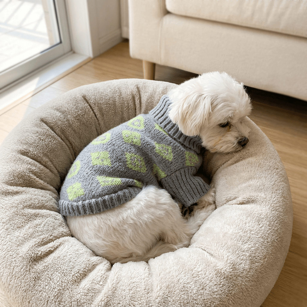 High-Neck Dog Sweater on a cozy dog in a plush bed, featuring a high-neck design for warmth and style.