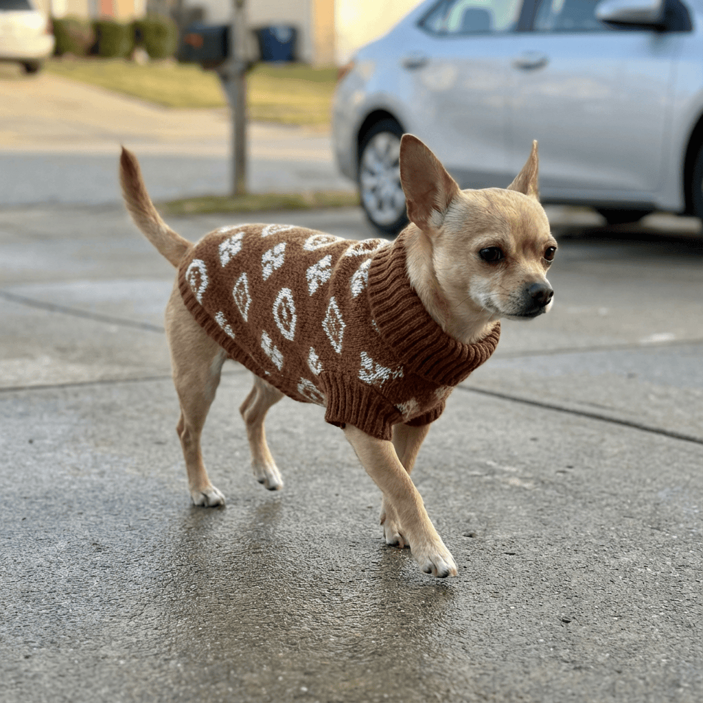 Chihuahua wearing a cozy High-Neck Dog Sweater, featuring soft fabric and a stylish design for dogs.