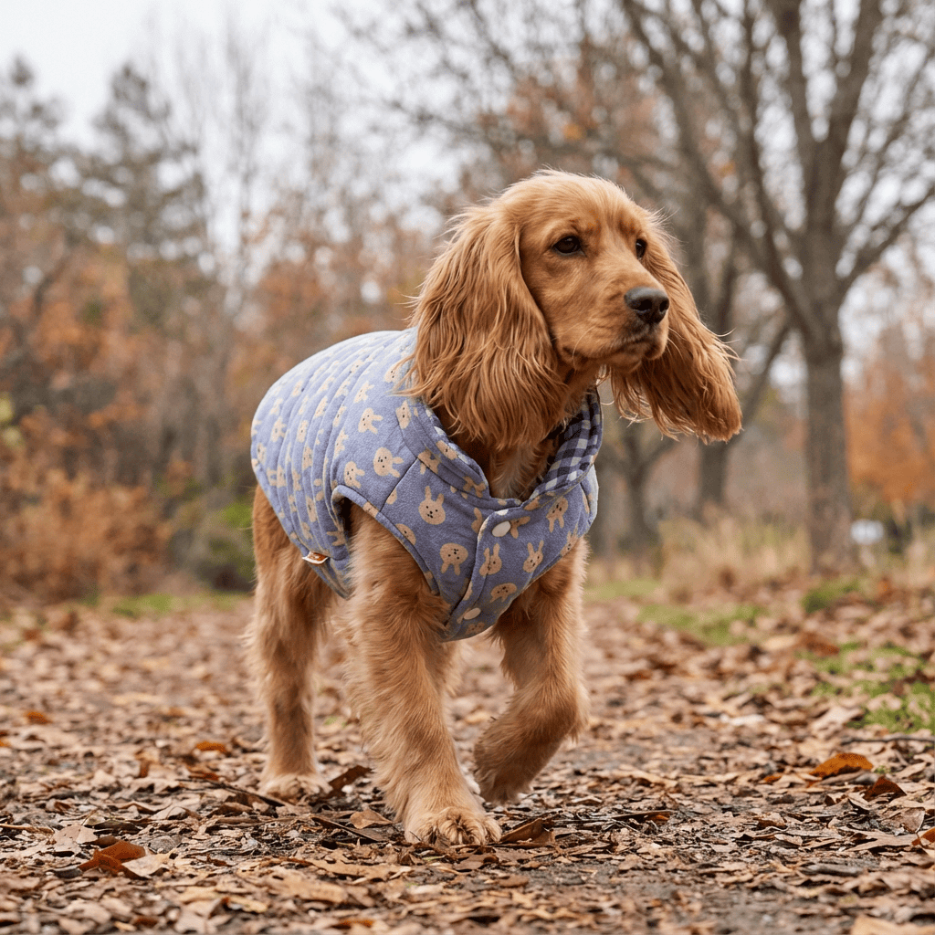 High Neckline Dog Winter Padded Coat worn by a dog outdoors, featuring a breathable design and cozy high neckline, by Dogs & Cats.