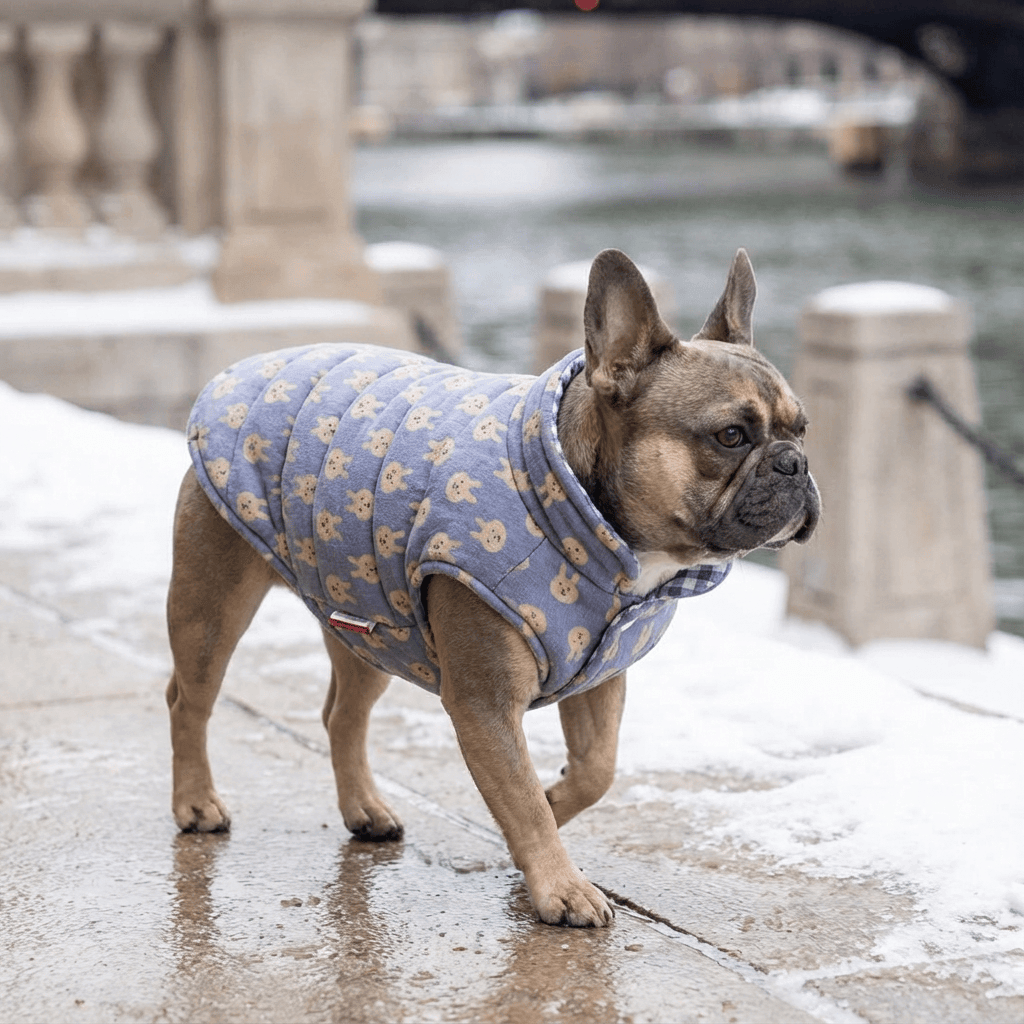 High Neckline Dog Winter Padded Coat on a French Bulldog by Dogs & Cats. Features breathable fabric and cozy high neckline.