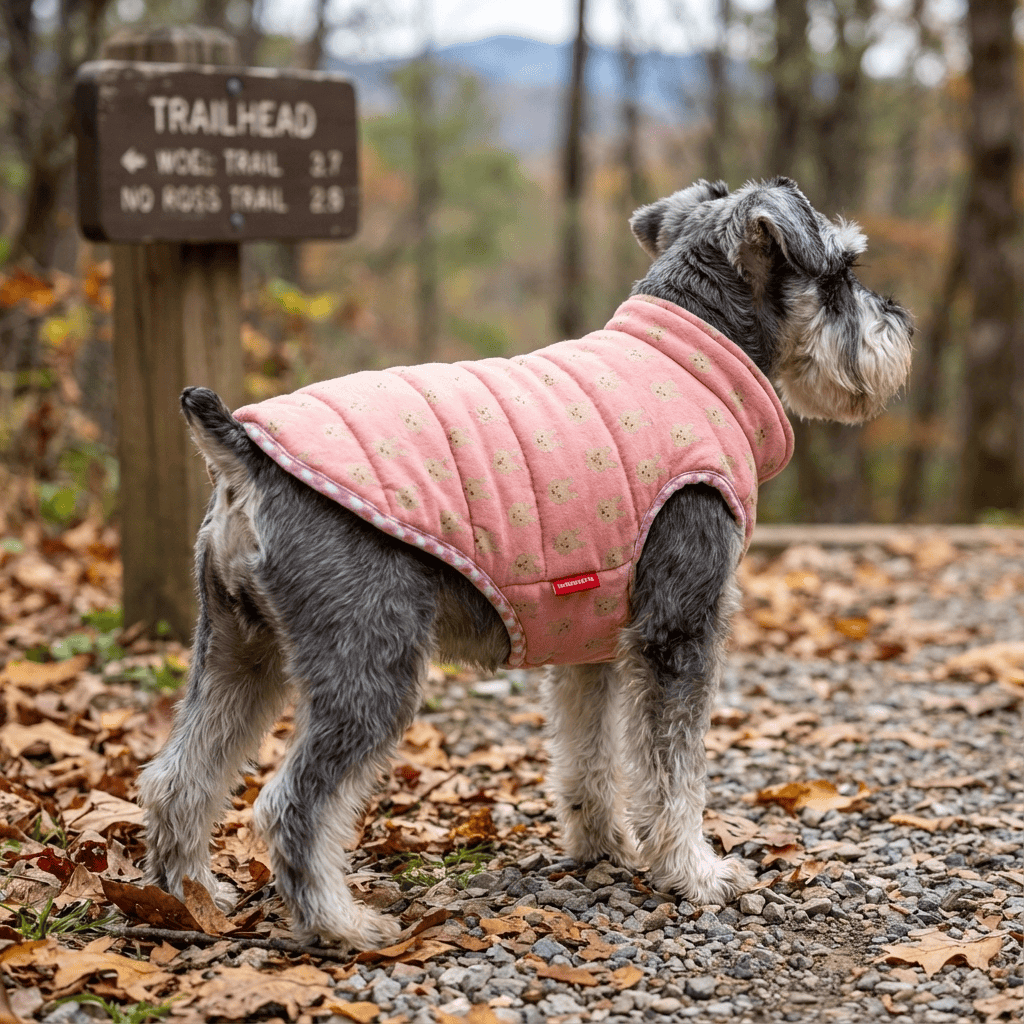 High Neckline Dog Winter Padded Coat on a dog in pink at a trailhead, showcasing comfort and warmth in outdoors.