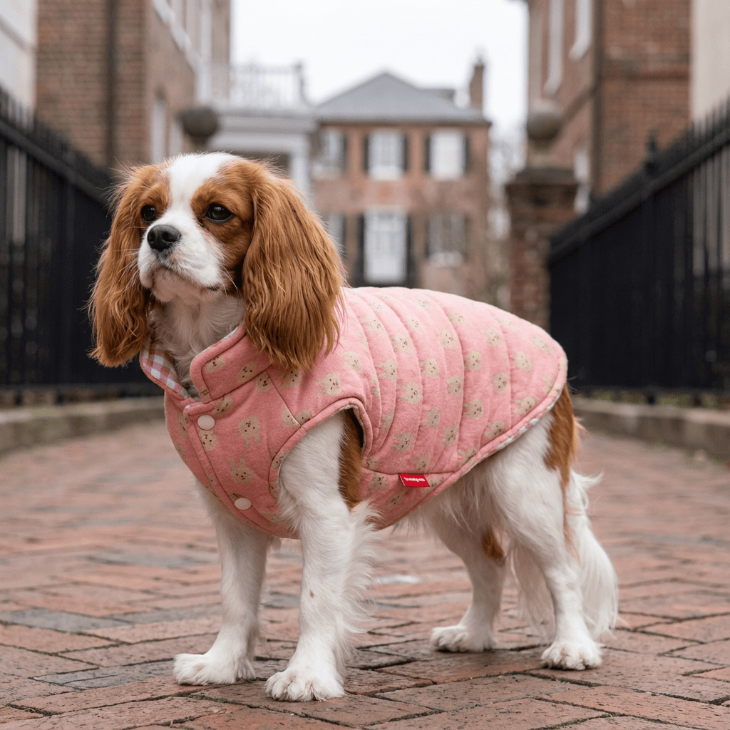 High Neckline Dog Winter Padded Coat on a Cavalier King Charles Spaniel, featuring breathable fabric and high neckline.