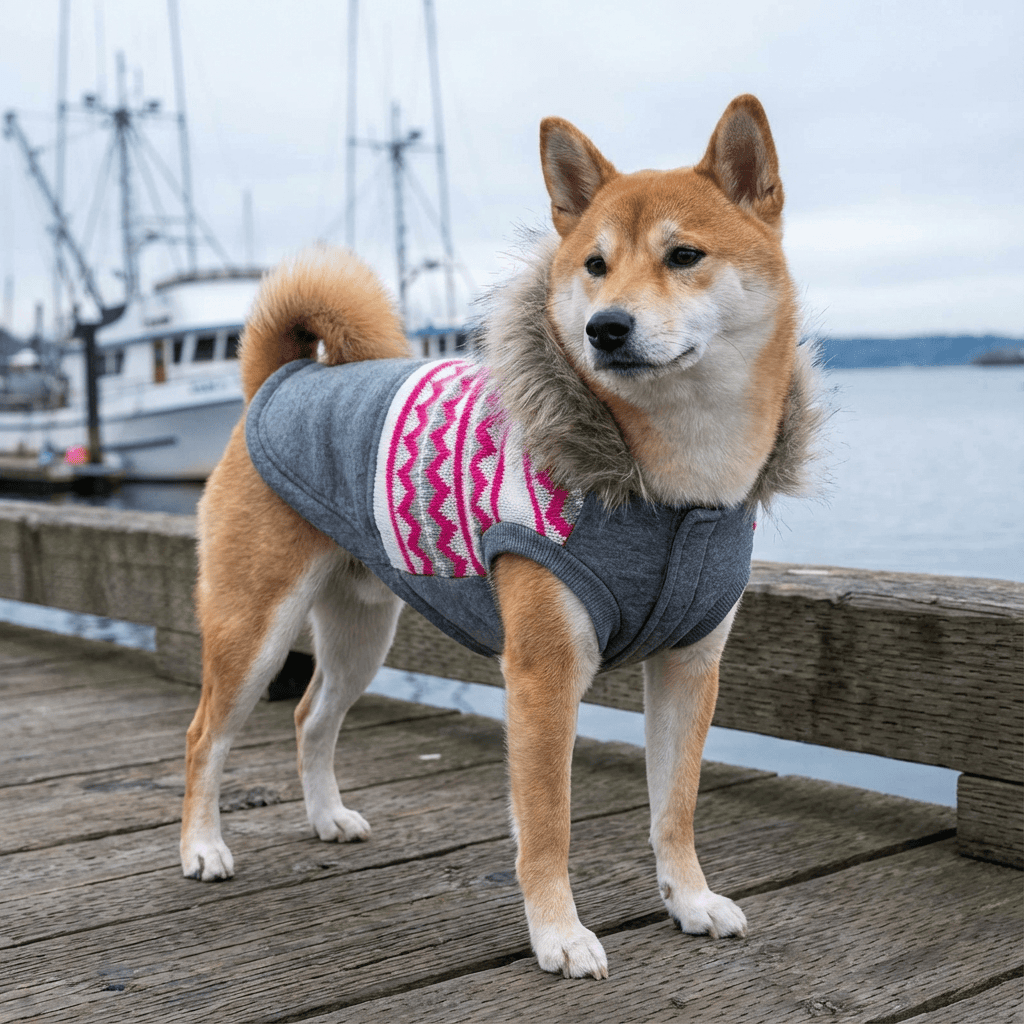 High Roller Fur Collar Trench Coat on a Shiba Inu, featuring breathable fur trim and cozy soft fabric for all-day comfort.