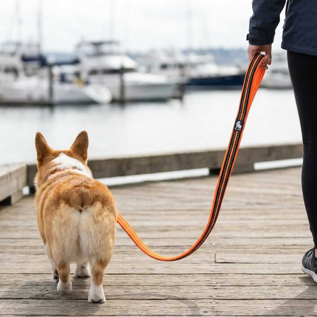 Highly Durable Dog Leash used by a person walking a corgi by the marina on a sunny day, perfect for outdoor adventures.