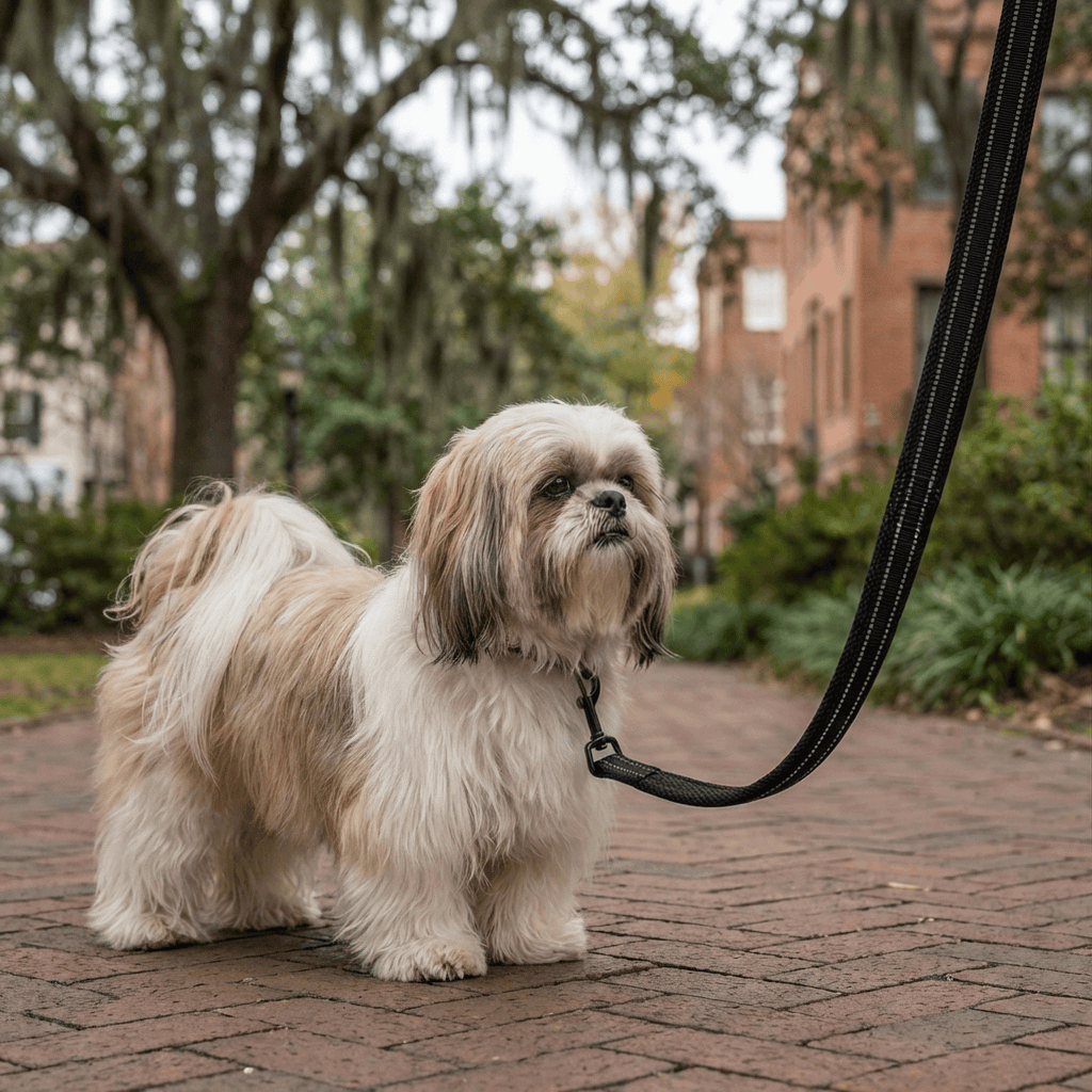 Highly Durable Dog Leash attached to a Shih Tzu in a park setting, ideal for walking dogs in various weather.
