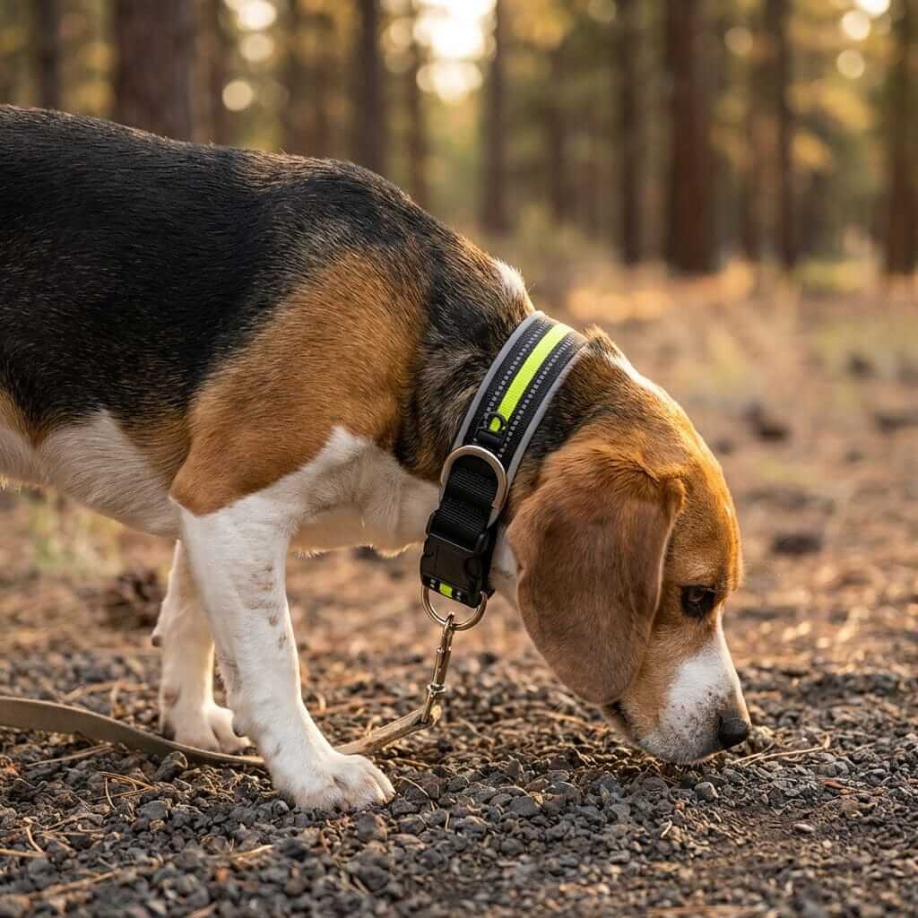 Highly Reflective dog Collar on a beagle during a walk in the forest, showcasing visibility features for dogs.