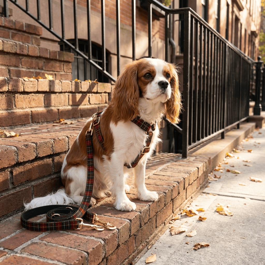 HolidayPaws 4-in-1 Festive Dog Set on a Cavalier King Charles Spaniel sitting on steps.