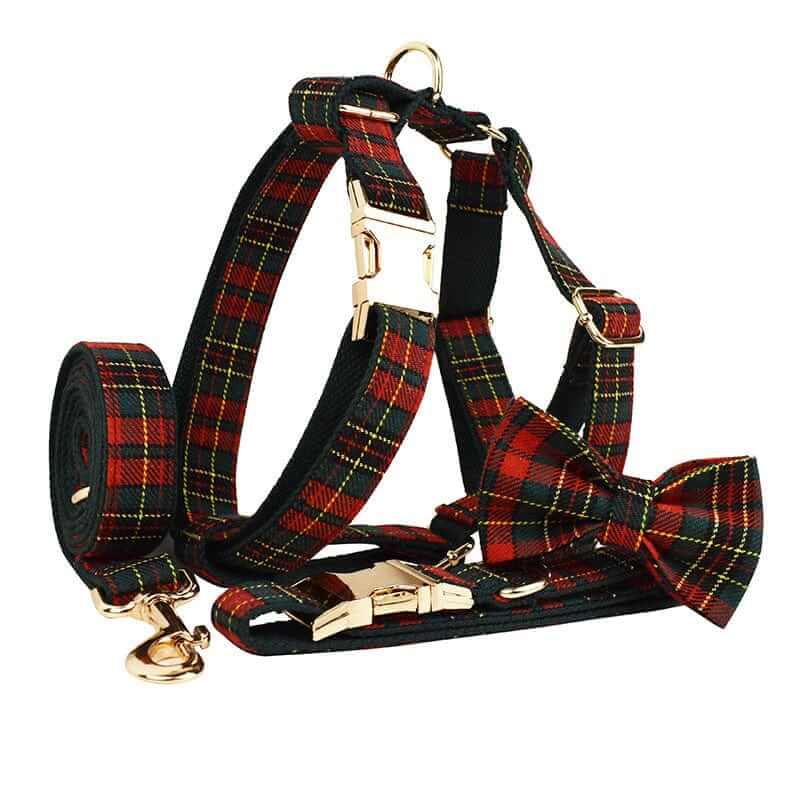HolidayPaws 4-in-1 Festive Dog Set with plaid harness, leash, collar, and bowknot for dogs and cats.