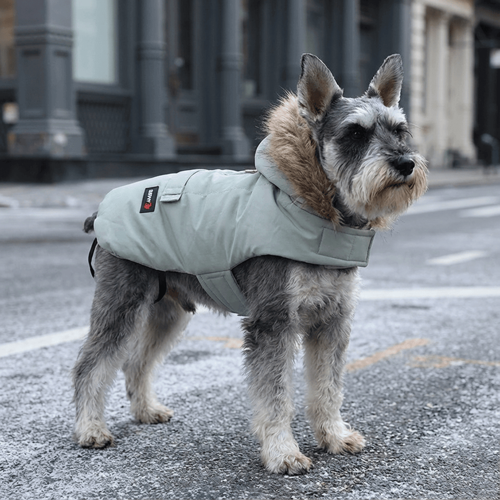 Hooded Dog Winter Coat on a dog showcasing its water-resistant exterior and hooded design, perfect for winter weather.