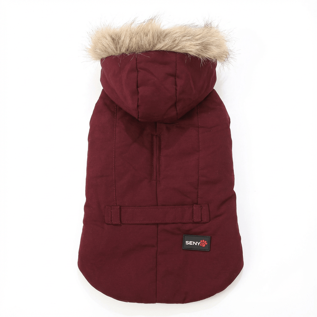 Hooded Dog Winter Coat by Dogs & Cats brand, featuring a hood, puffer design, and water-resistant shell for chilly weather.