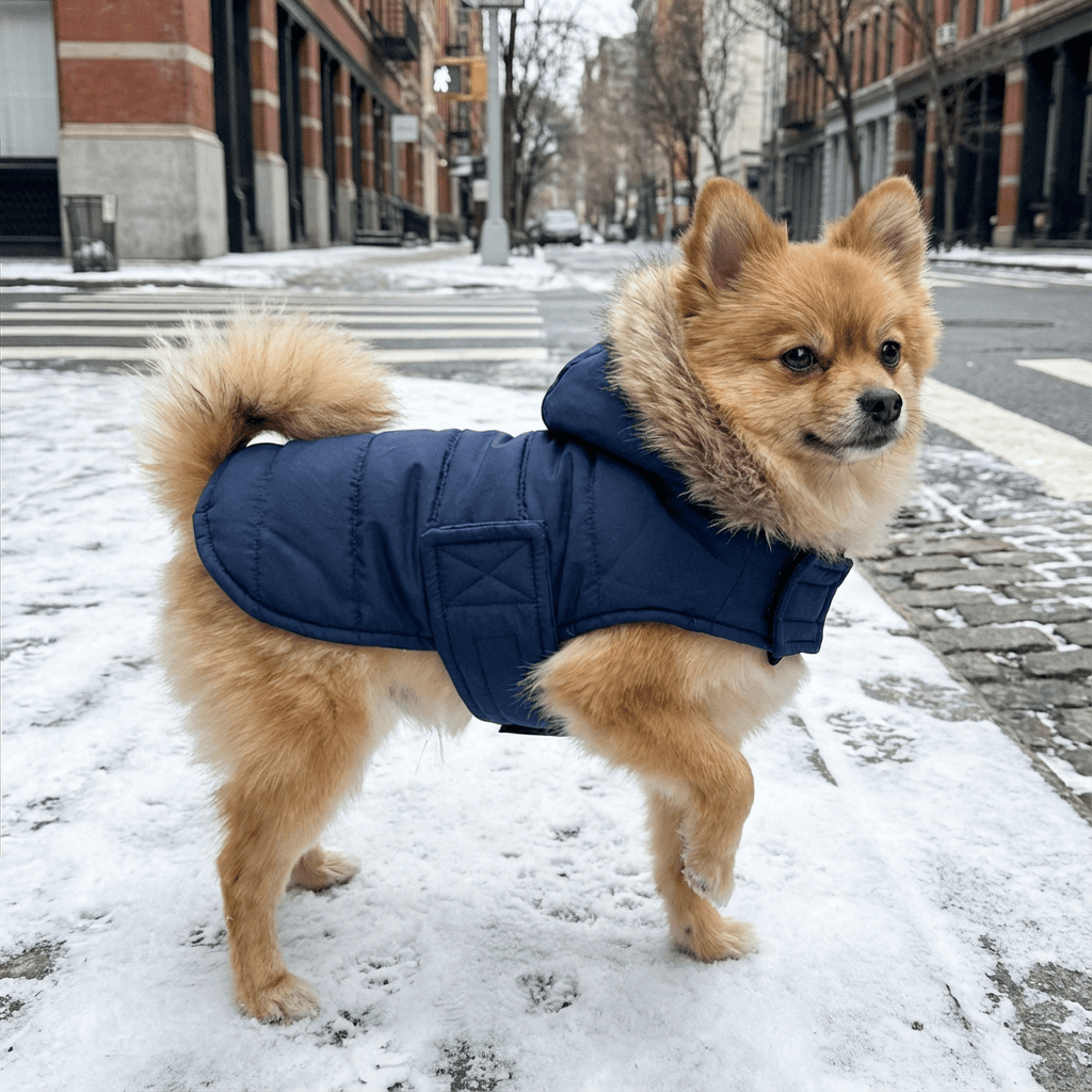 Hooded Dog Winter Coat for Dogs & Cats, featuring a puffer design, soft lining, and water-resistant shell.