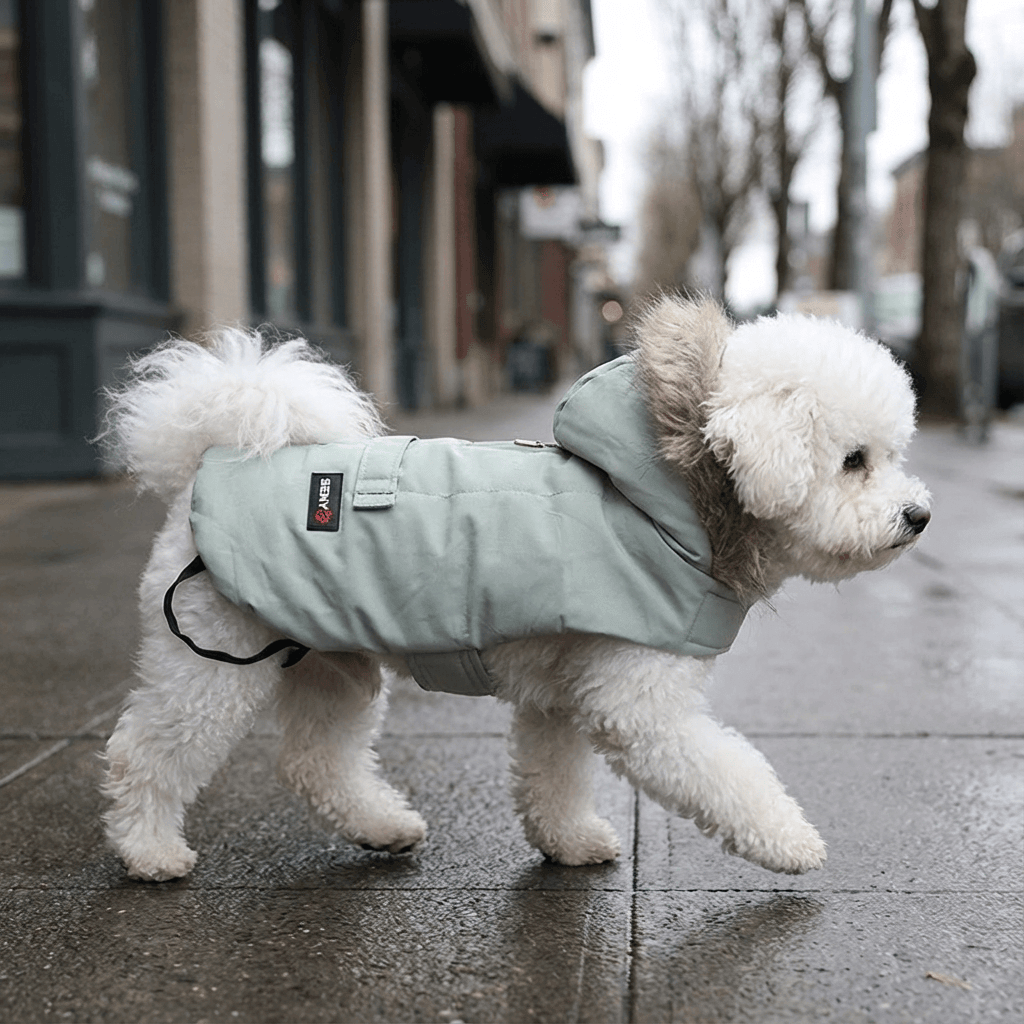 Hooded Dog Winter Coat on a fluffy dog, featuring a hood, lightweight, breathable, and water-resistant for outdoor adventures.