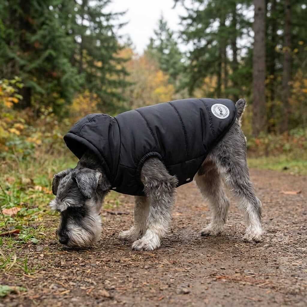 Hooded Ribbed Warm Dog Jacket on a dog exploring outdoors in nature, featuring a warm interior and breathable material.
