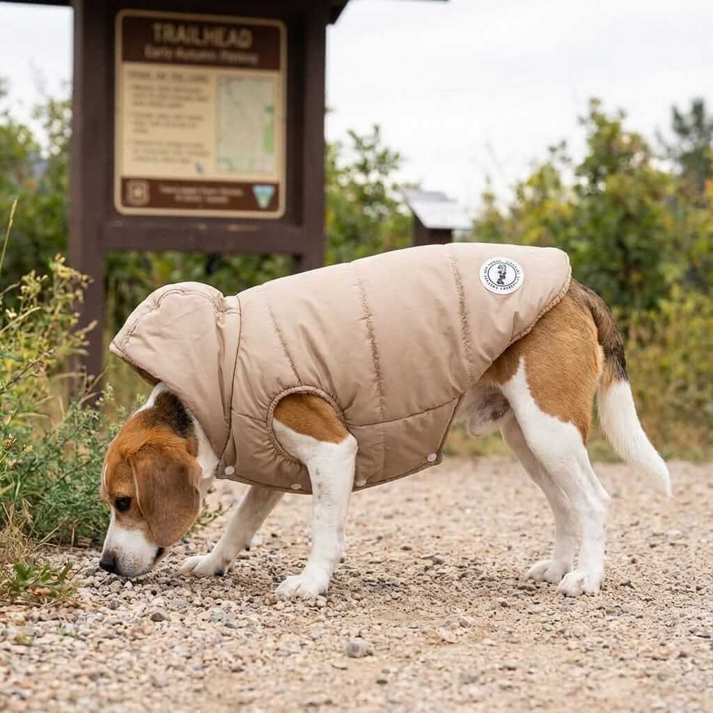 Hooded Ribbed Warm Dog Jacket on a dog exploring outdoors, features breathable, lightweight, and cozy design for dogs and cats.