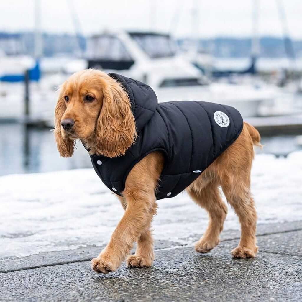 Hooded Ribbed Warm Dog Jacket on a golden dog, featuring a cozy design for comfort and warmth by Dogs & Cats.