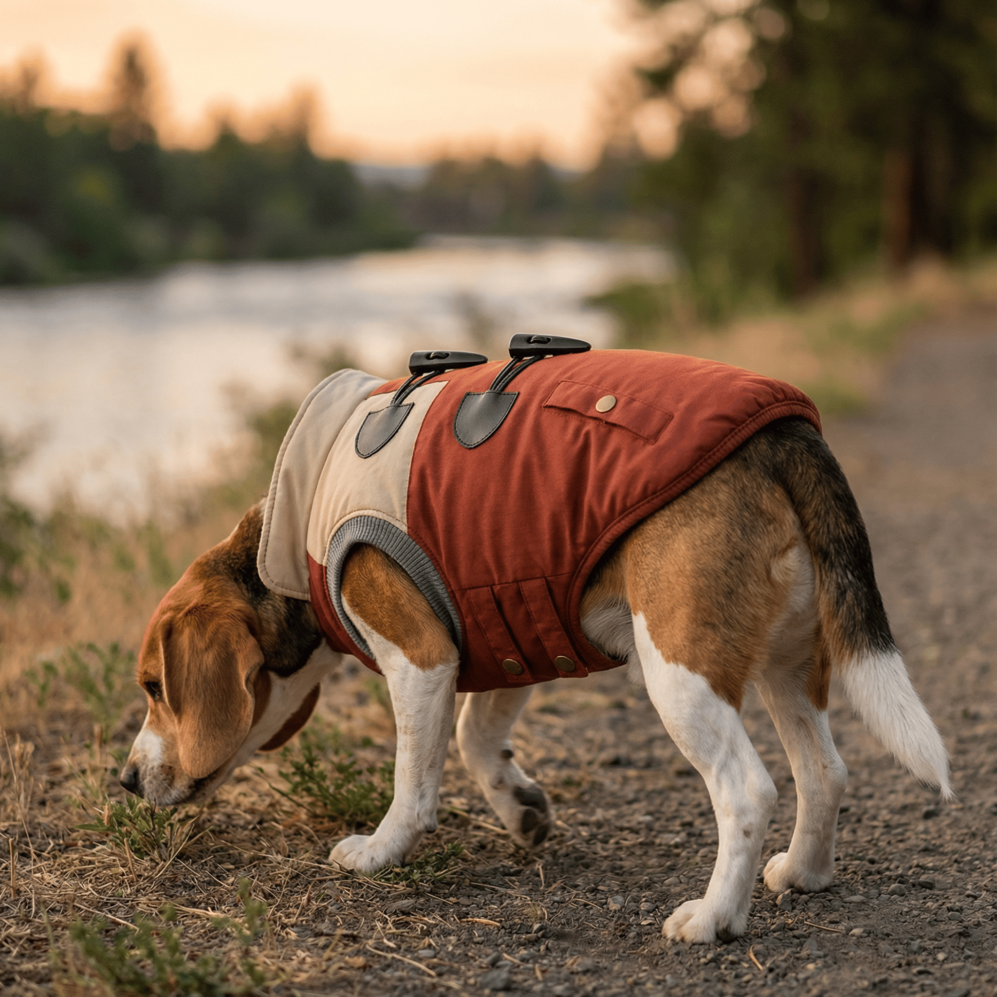 Horn Button Cotton Dog Vest on a beagle, featuring stylish horn buttons for warmth and cuteness outdoors.