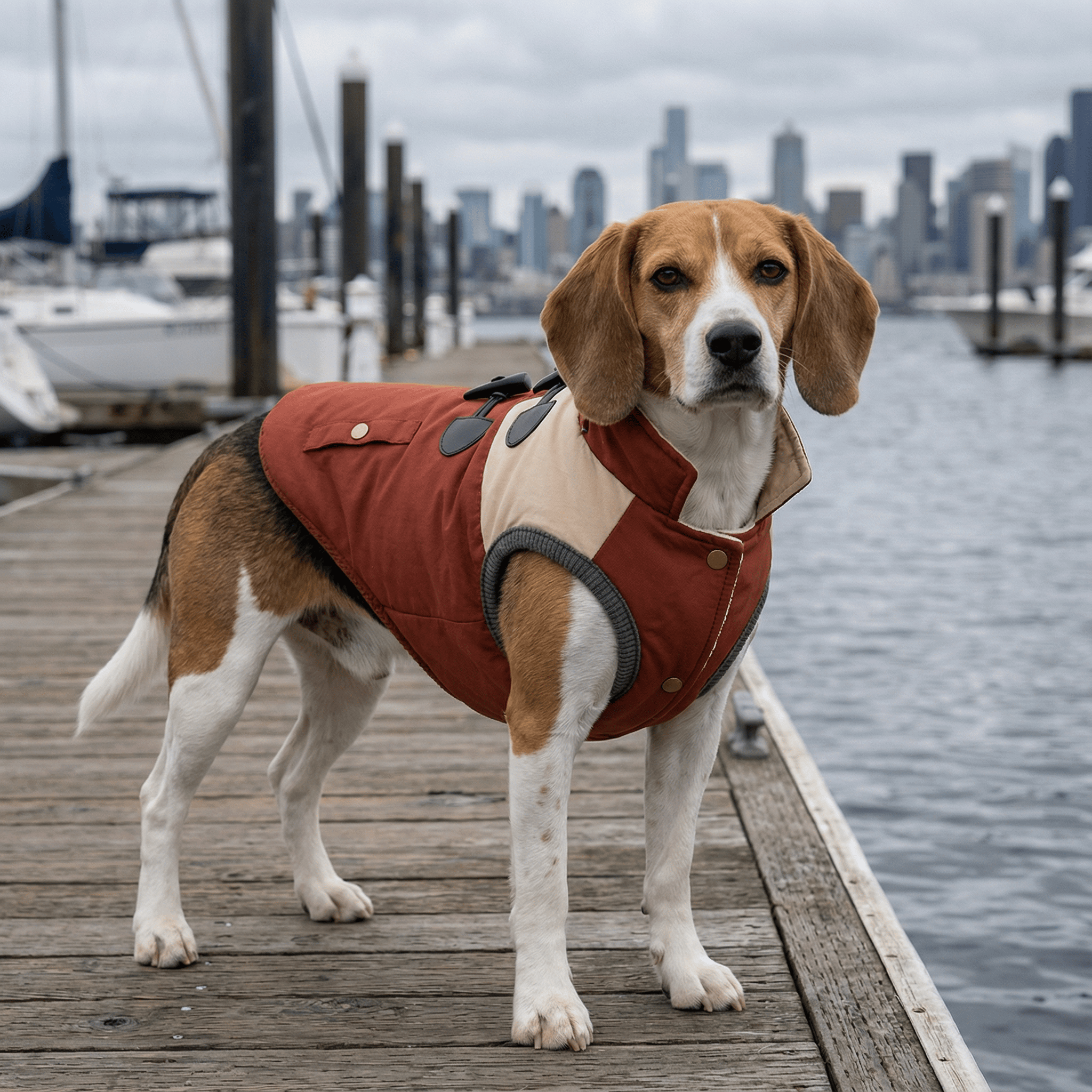 Horn Button Cotton Dog Vest on a beagle dog standing by the water, showcasing its stylish horn button accents.