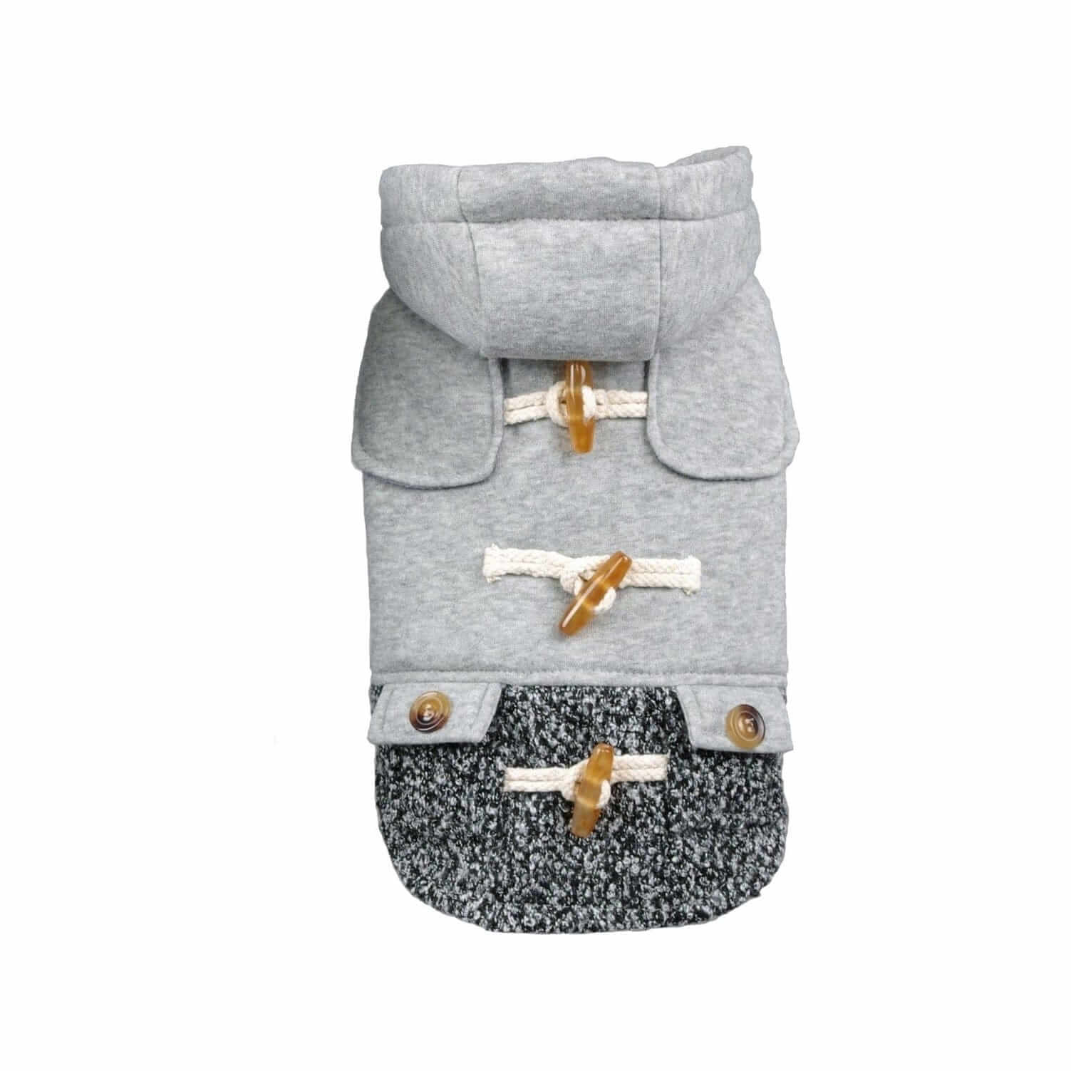 Horn Button Hooded Coat designed for dogs and cats featuring horn button detailing and leash hole for winter wear.
