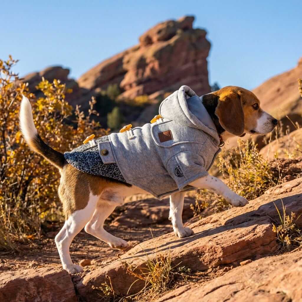 Horn Button Hooded Coat on a dog outdoors, featuring horn buttons and a leash hole for winter comfort by Dogs & Cats.