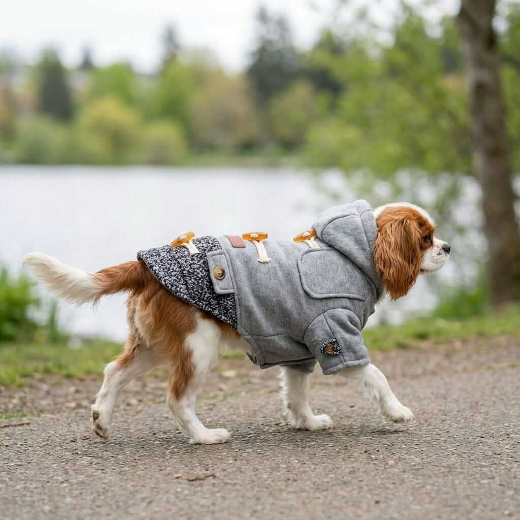 Horn Button Hooded Coat for dogs, featuring a warm design with horn button detailing and leash hole for comfort.