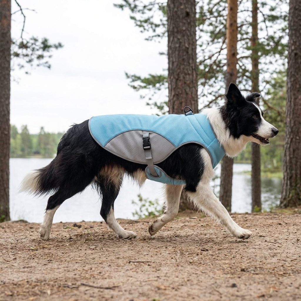 HydroChill Performance Harness on a dog, featuring cooling comfort and mobility for outdoor adventures by Dogs & Cats.