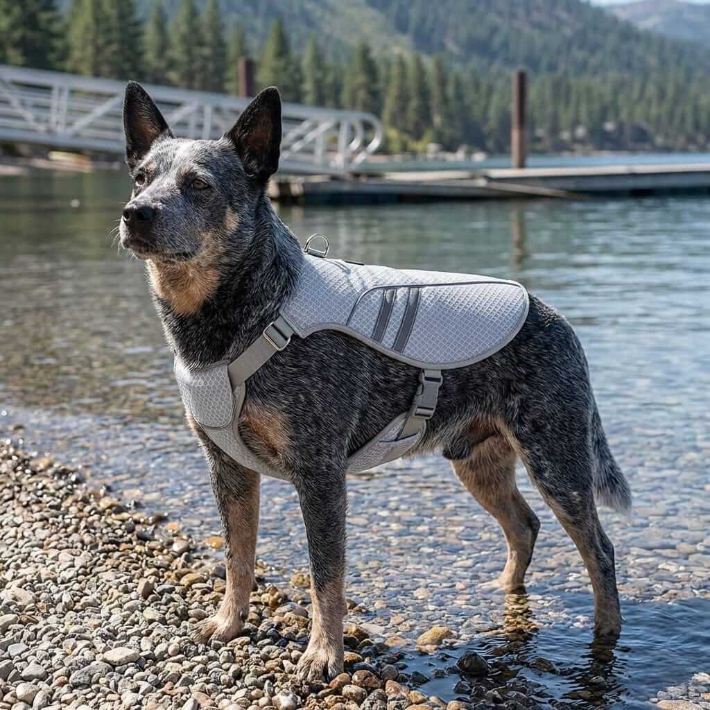 Dog wearing HydroCool Performance Dog Vest near water, showcasing cooling fabric and stylish design for hot weather protection.