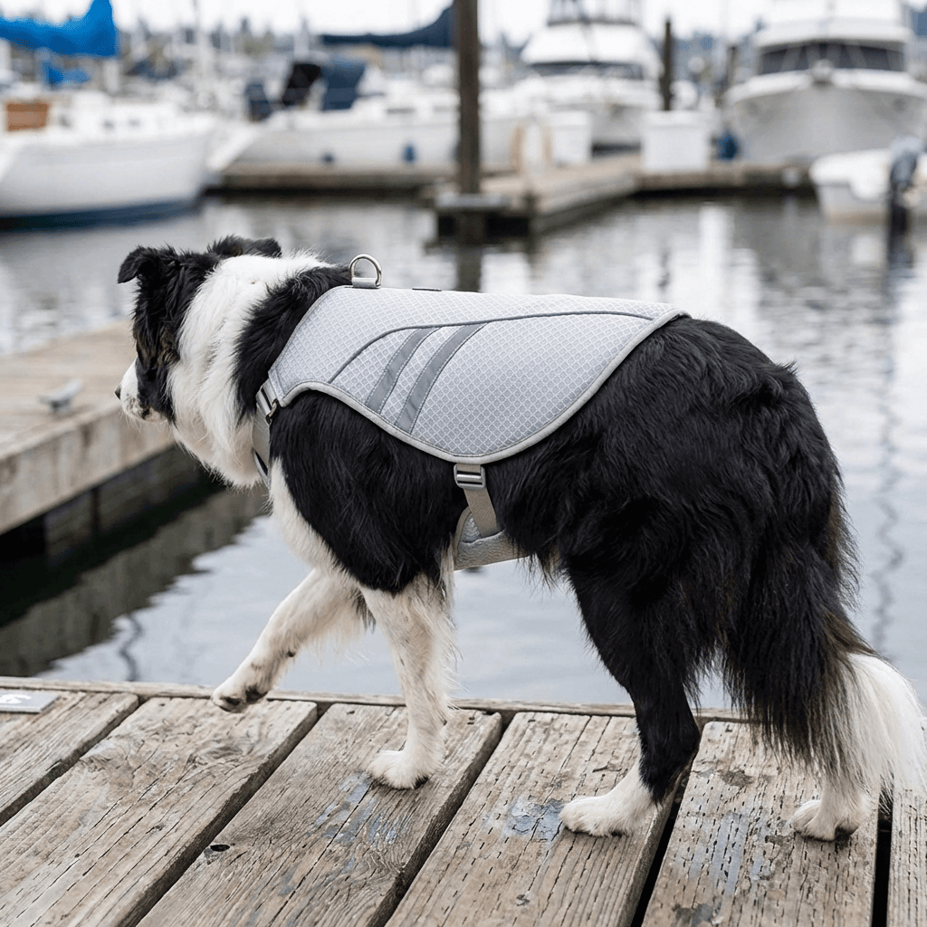 HydroCool Performance Dog Vest on a Border Collie walking by the water, showcasing its breathable fabric and stylish design.